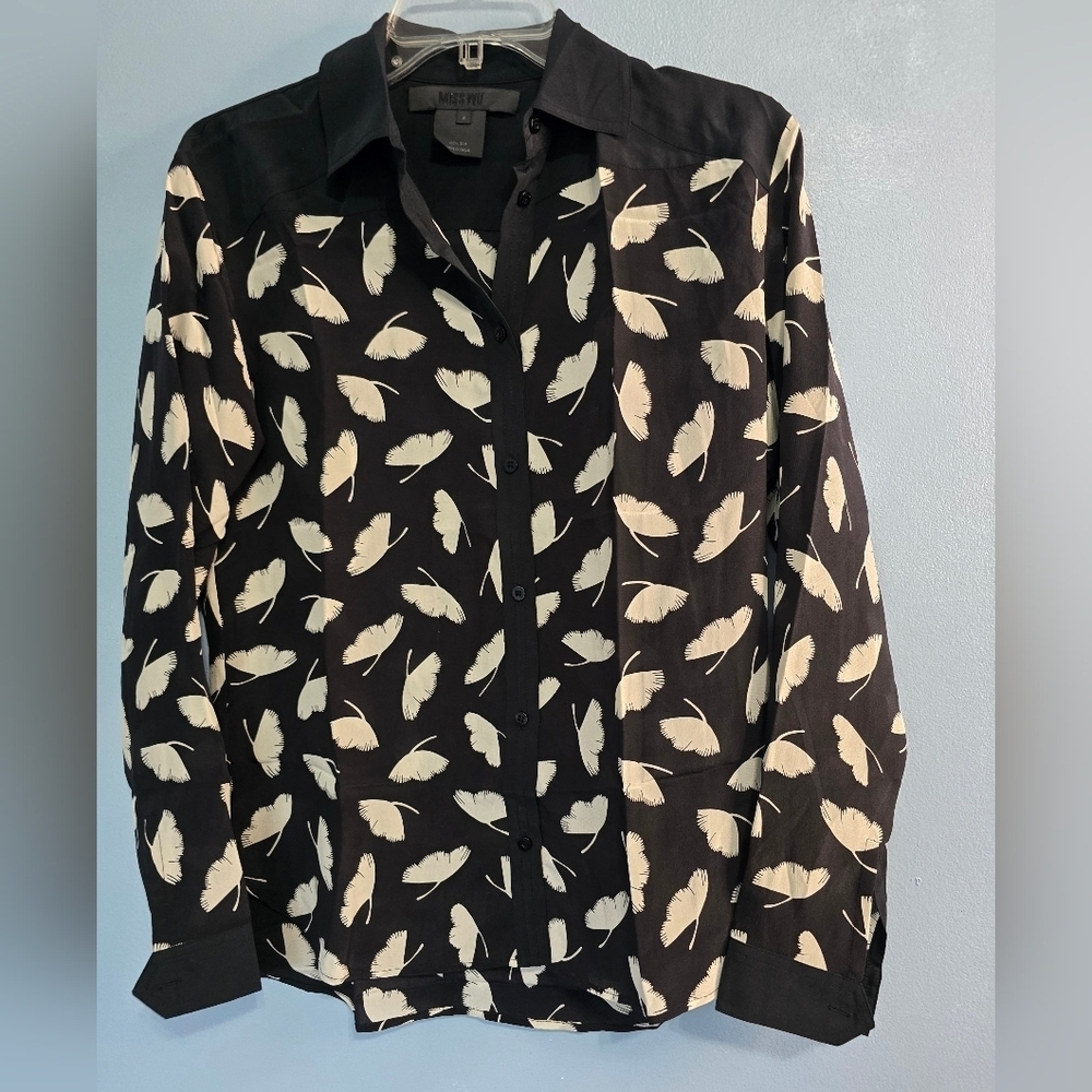 Jason Wu Miss Wu Silk Feather Print Womens Button Down Shirt Black Size 0